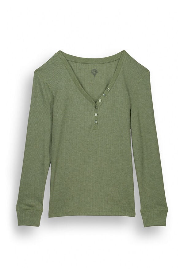 Women'secret Camiseta manga larga tejido waffle verde kaki