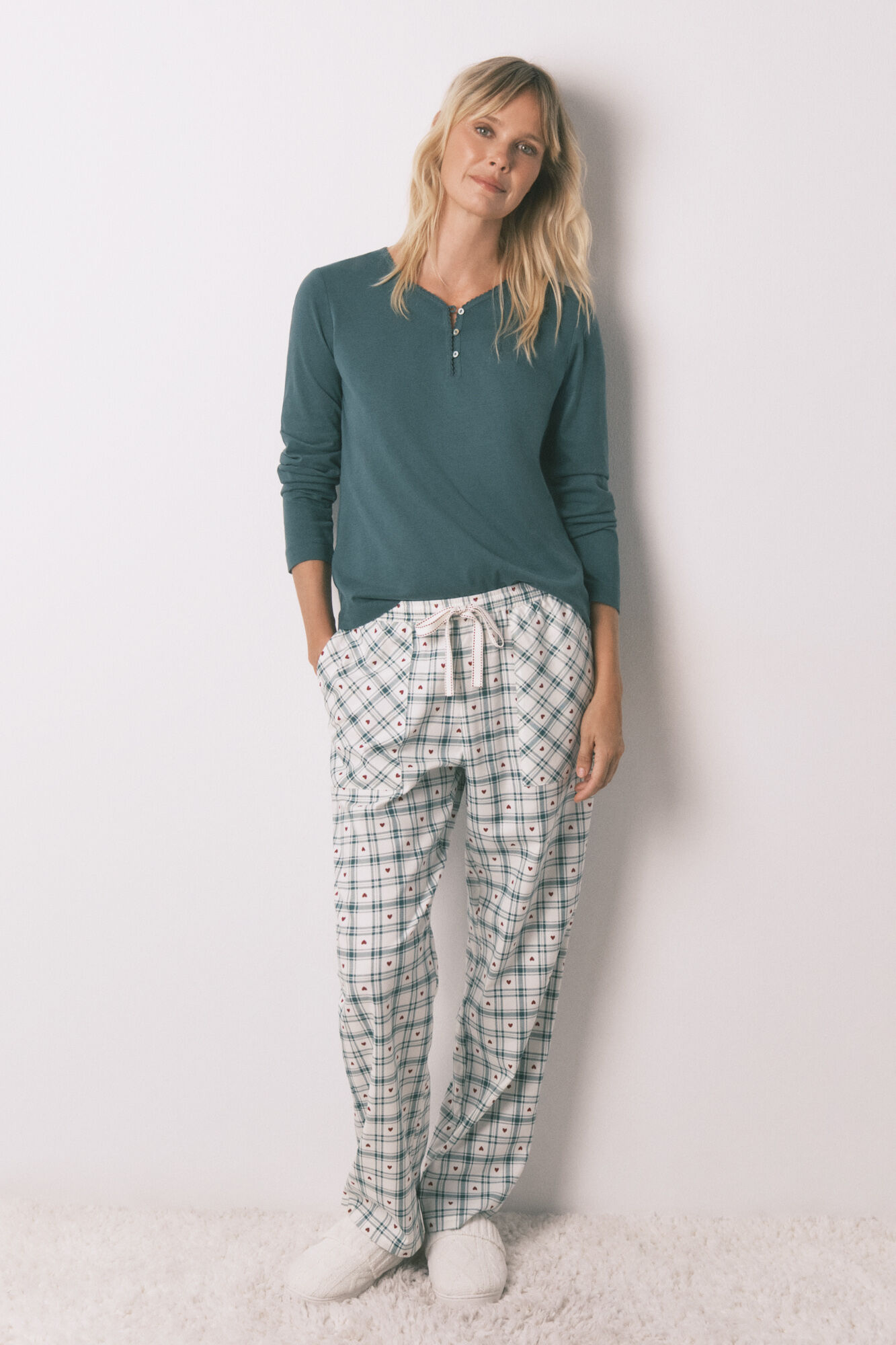 Women'secret Pantal&oacute;n largo franela estampado cuadros verde
