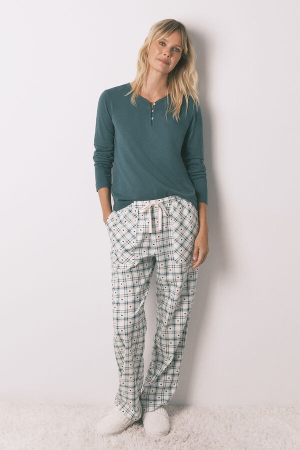 Women'secret Pantal&oacute;n largo franela estampado cuadros verde estampado