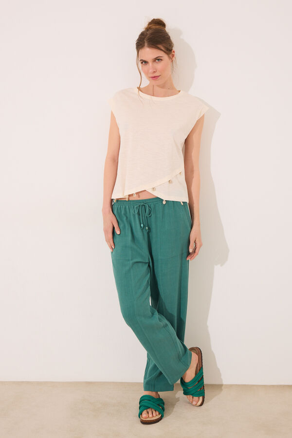 Women'secret Pantal&oacute;n Capri lino y viscosa verde verde