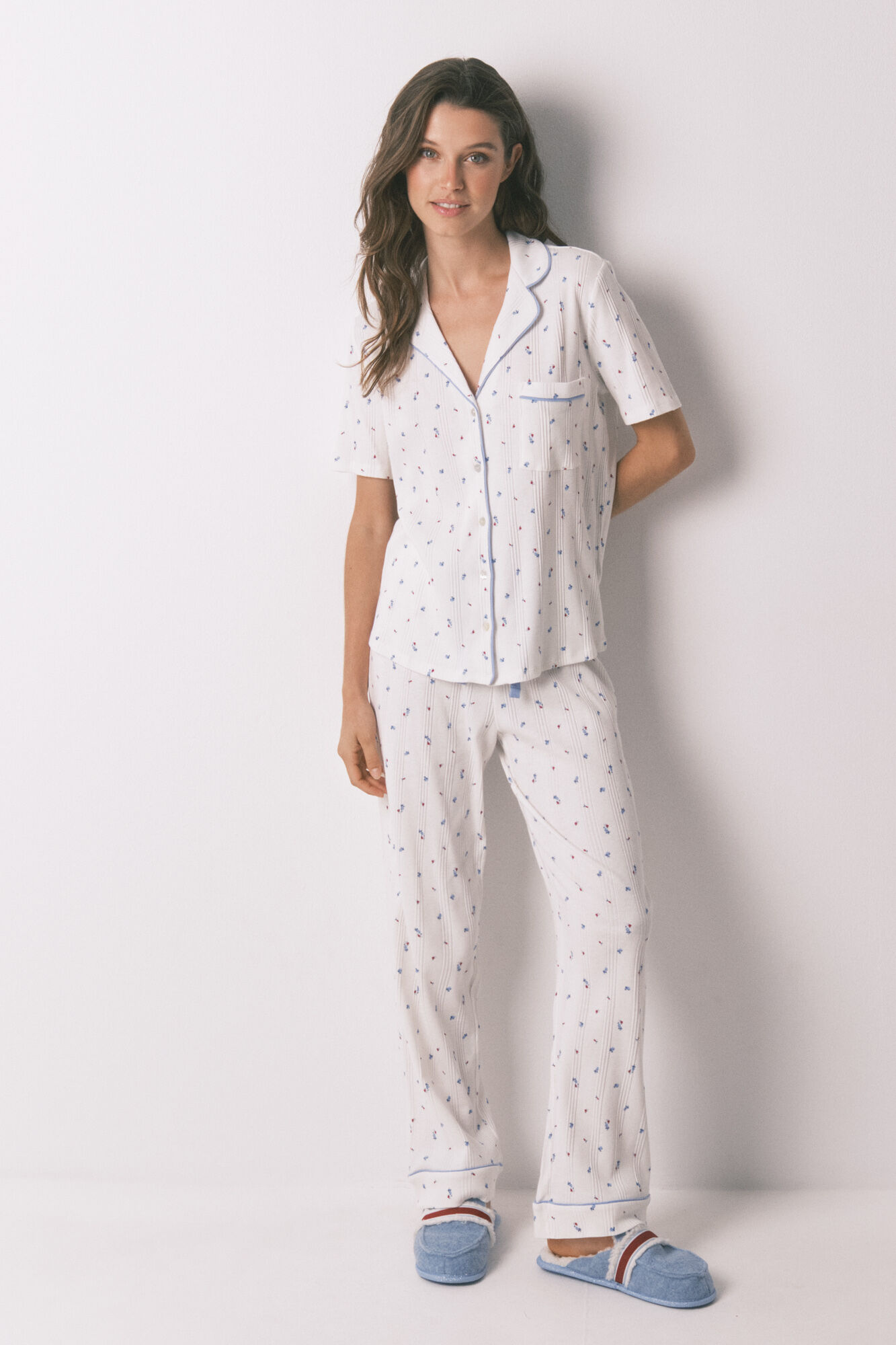 Women'secret Pijama camisero algod&oacute;n flores blanco 
