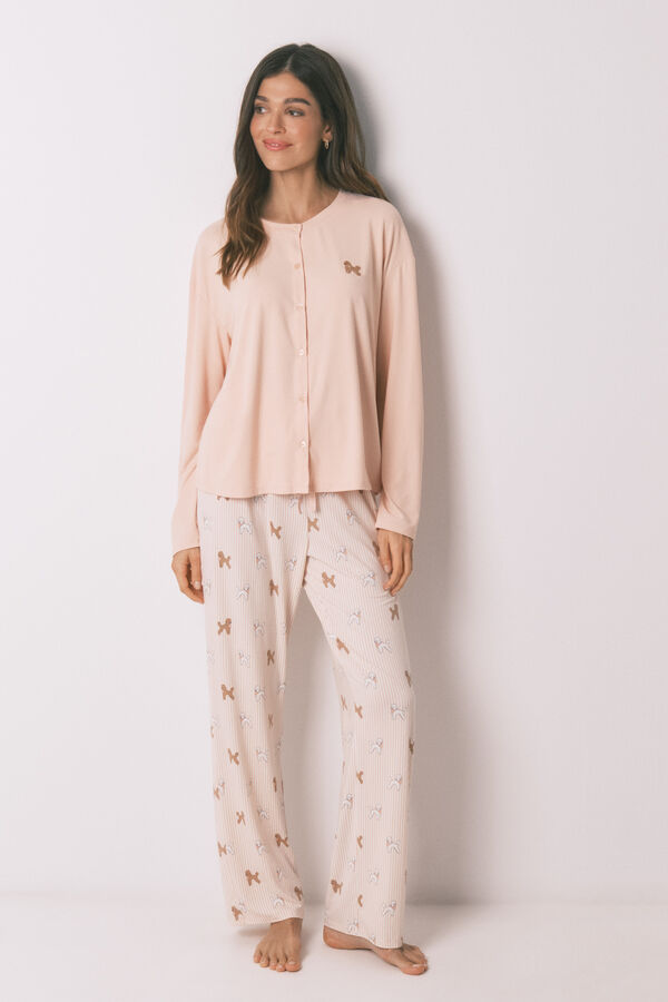 Women'secret Pijama largo punto suave rosa estampado perritos naranja