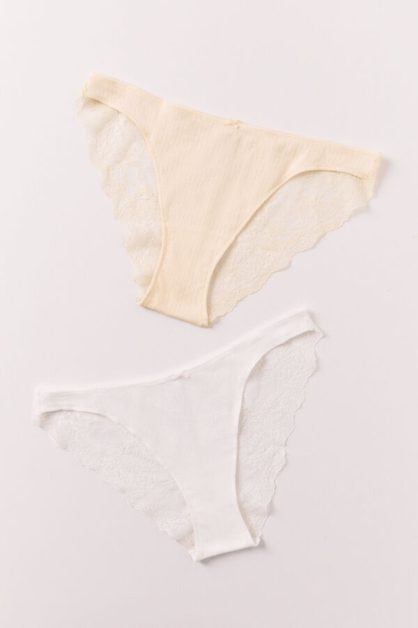 Women'secret Pack 2 cuecas cl&aacute;ssicas em algod&atilde;o branco e amarelo estampado