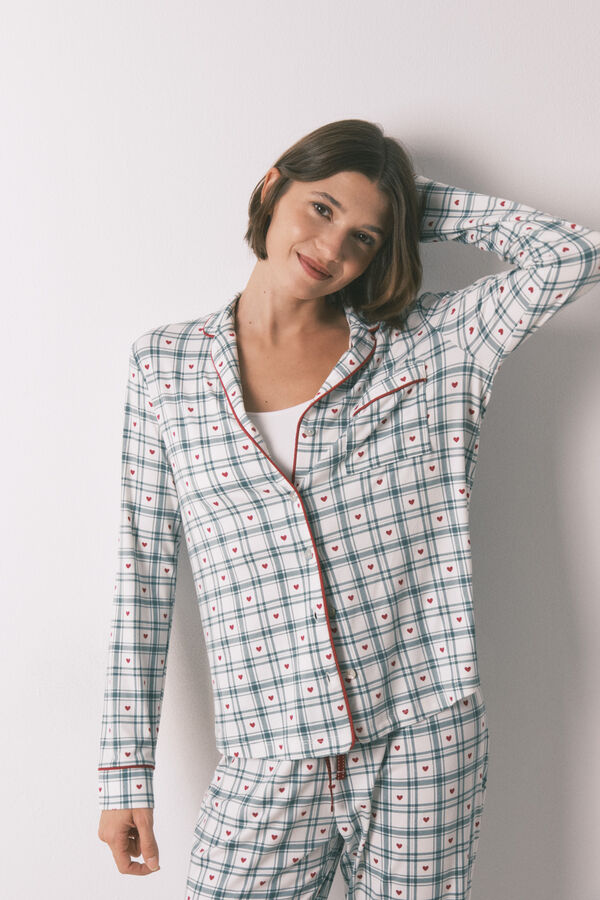 Women'secret Pijama camisero largo estampado cuadros verde estampado