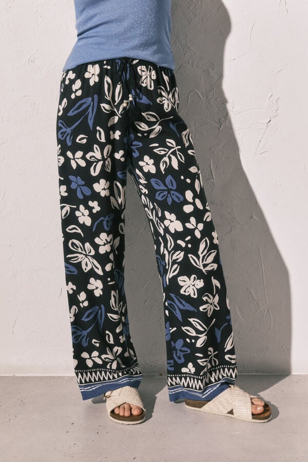 Women'secret Pantal&oacute;n largo estampado flores azul estampado