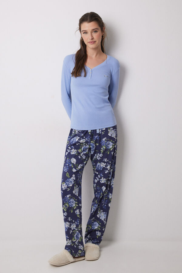 Women'secret Pijama largo 100% algod&oacute;n canal&eacute; azul flores azul