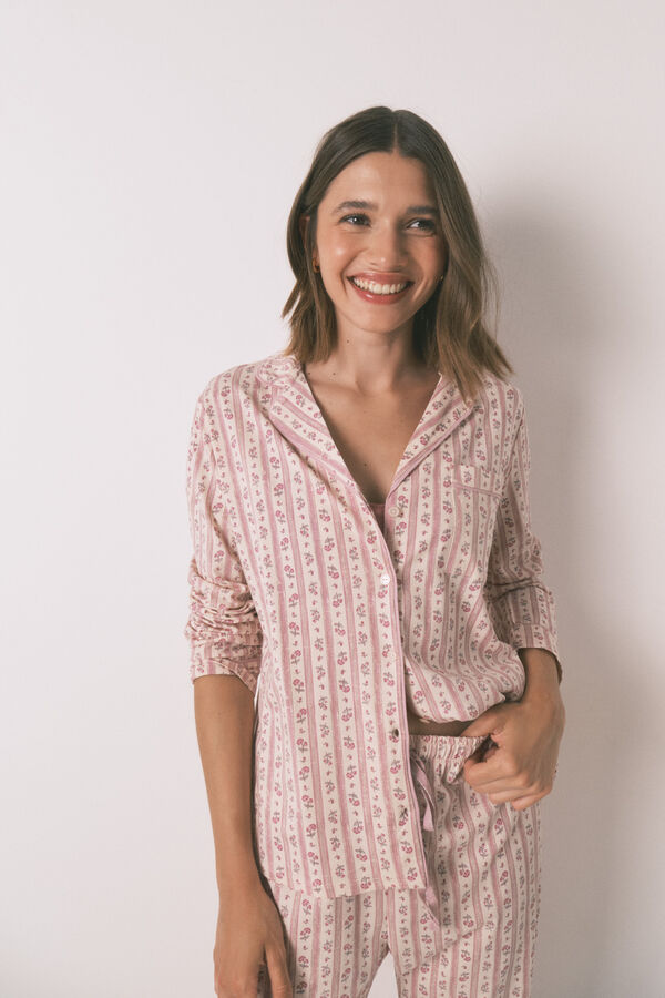 Women'secret Pijama camisero largo 100% algod&oacute;n flores rosa rosa