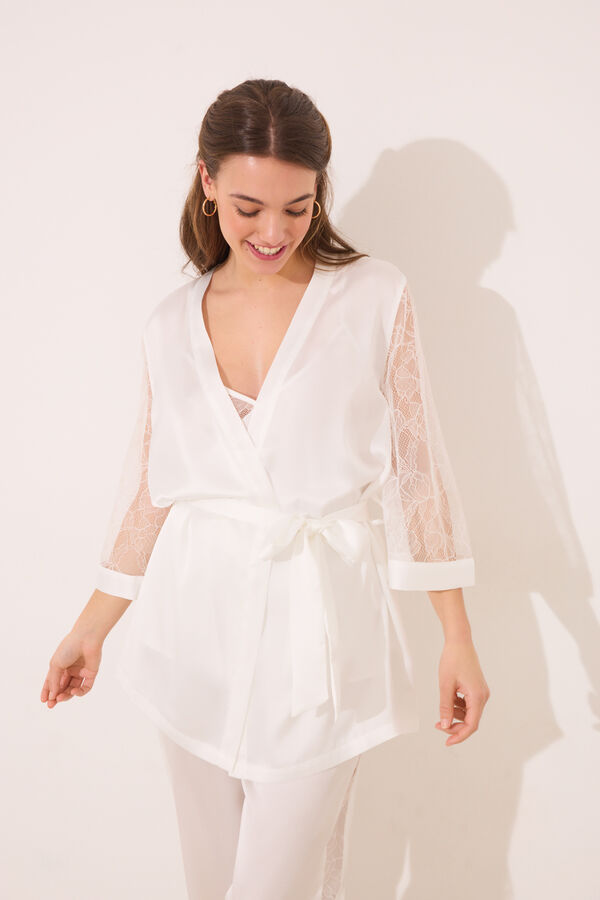 Women'secret Set pijama largo sat&eacute;n y encaje blanco marfil