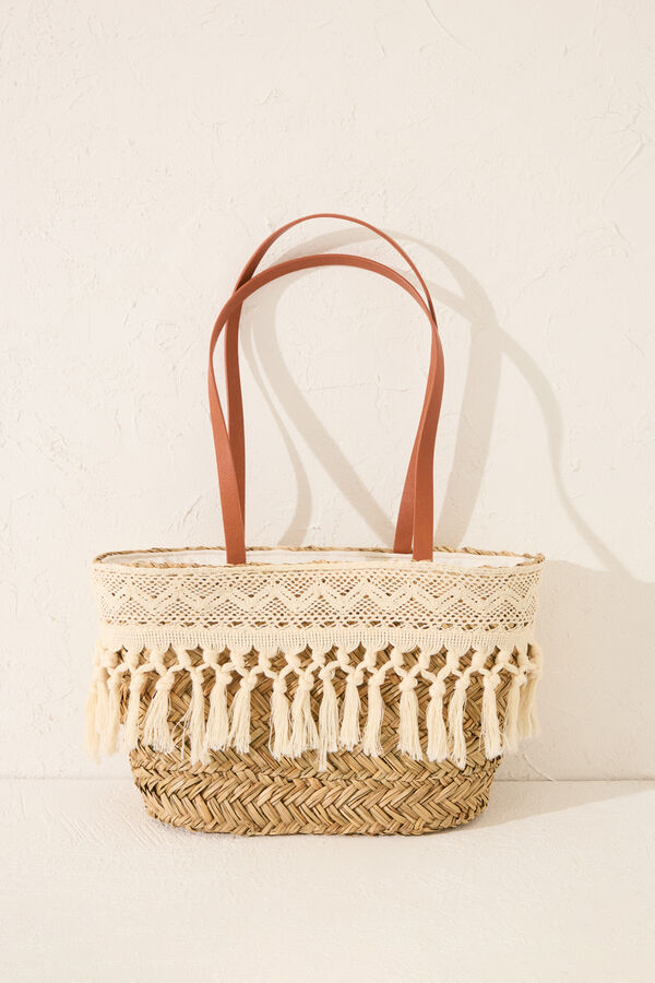Women'secret Mala cesto de ráfia e renda cru