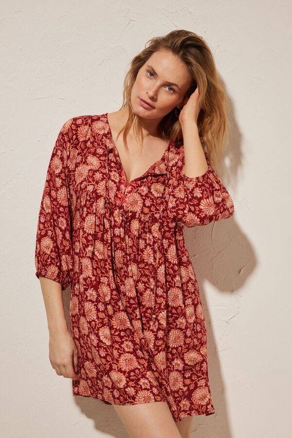 Women'secret Vestido corto estampado granate estampado