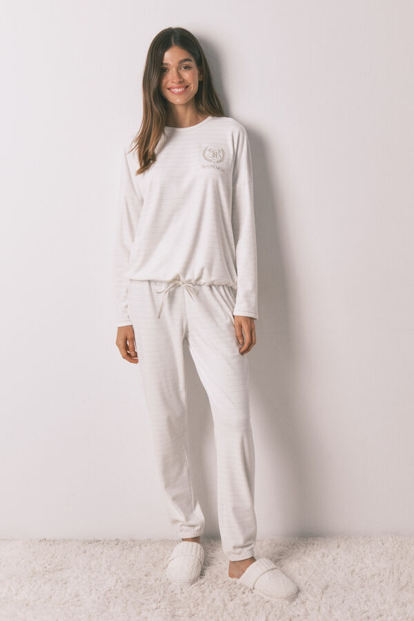 Women'secret Pijama comprido polar estampado riscas lurex bege