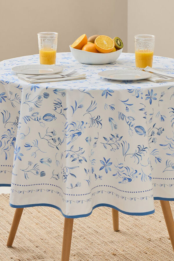 Textura Mantel antimanchas redondo algod&oacute;n flores azul