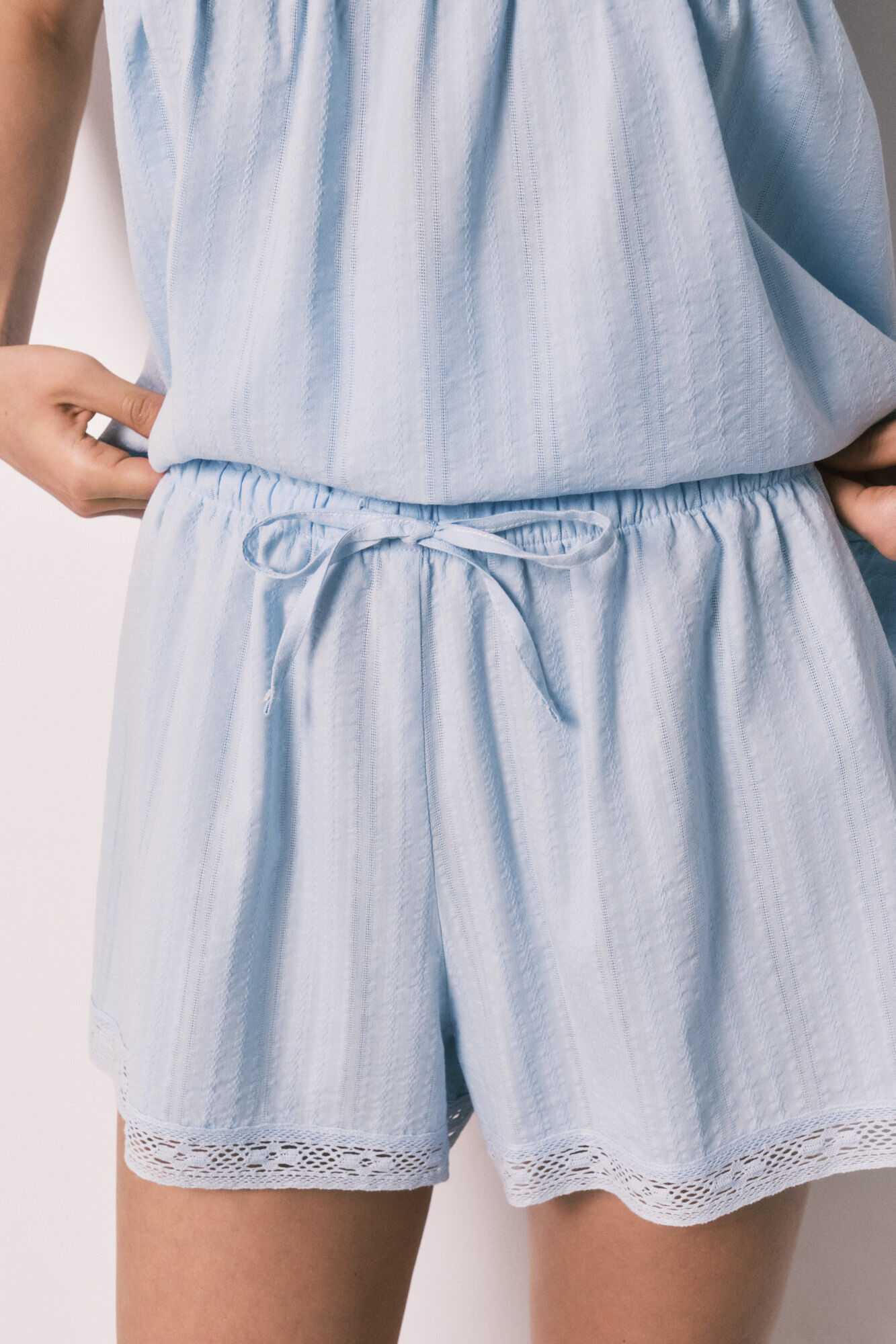 Women'secret Pijama curto em algod&atilde;o e renda azul