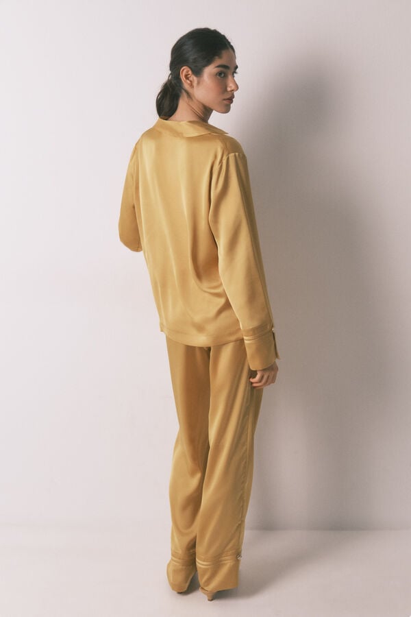 Women'secret Pijama camisero largo sat&eacute;n mostaza amarillo