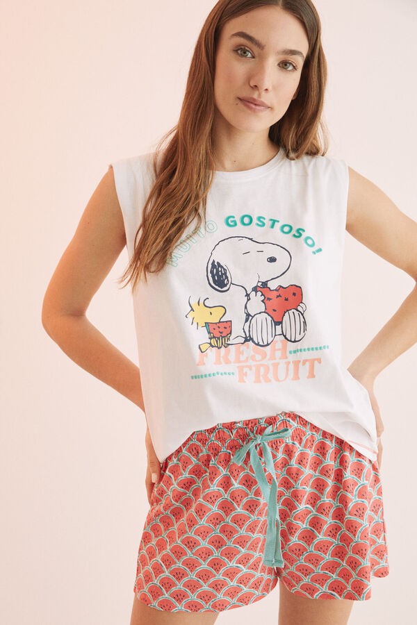 Womensecret Pijama corto tirantes 100% algodón Snoopy sandías marfil