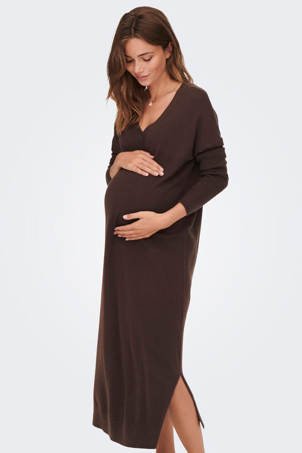 Only Maternity Vestido largo de punto premamá, con cuello V, color marrón chocolate. marrón