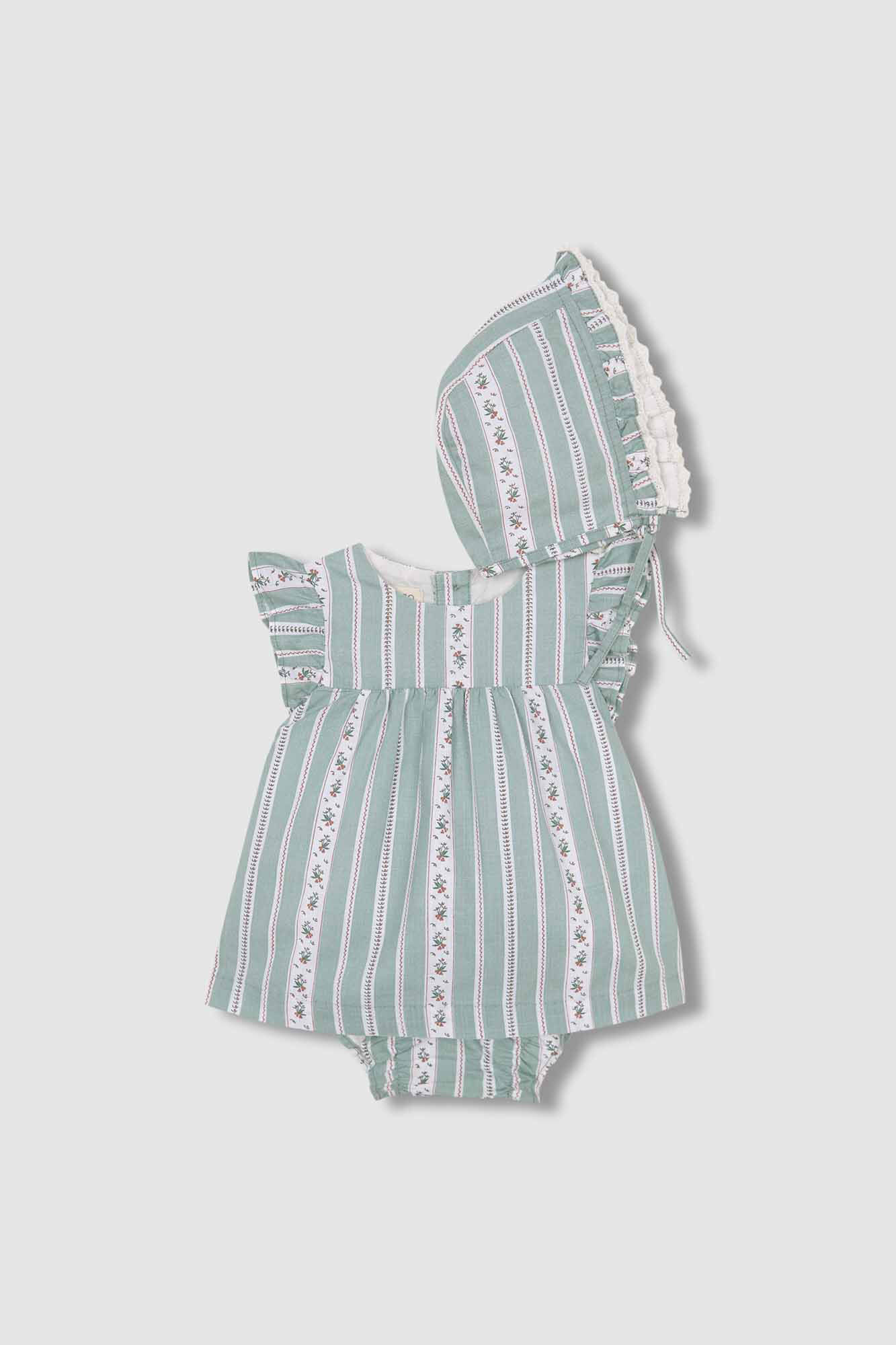 Gocco Conjunto com touca riscas e flores verde