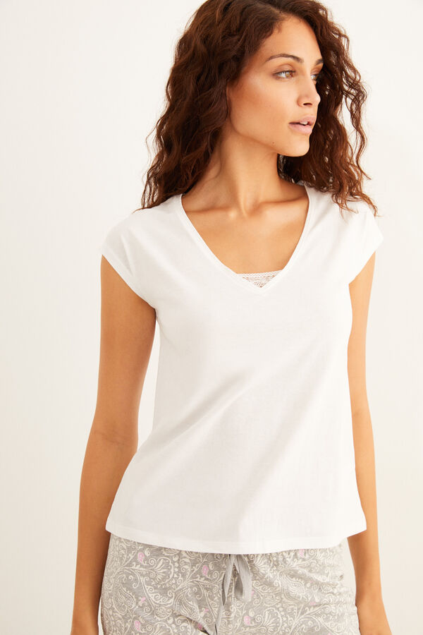 Womensecret Camiseta blanca manga corta algodón detalle encaje blanco