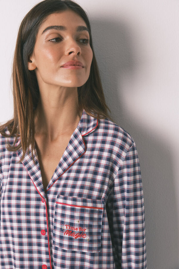 Women'secret Pijama camiseiro comprido malha suave xadrez azul