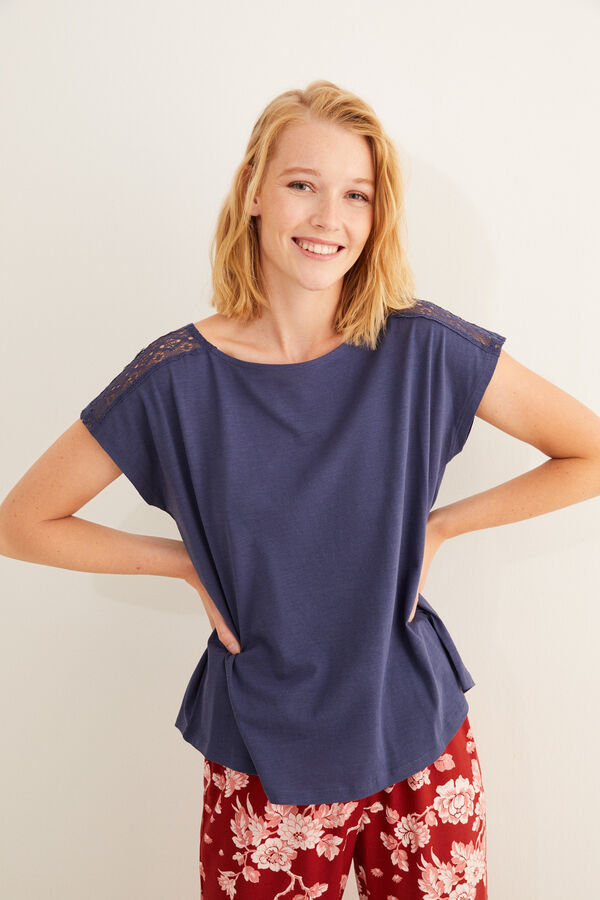 Womensecret T-shirt azul manga curta detalhe renda azul