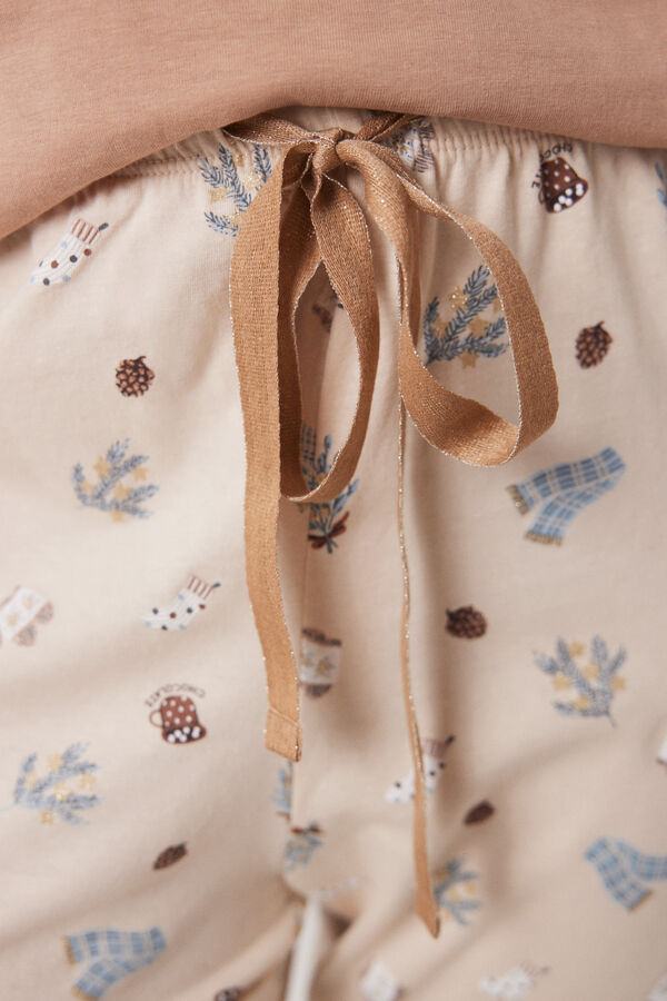 Women'secret Pijama longo 100% algod&atilde;o com motivos natalinos cru