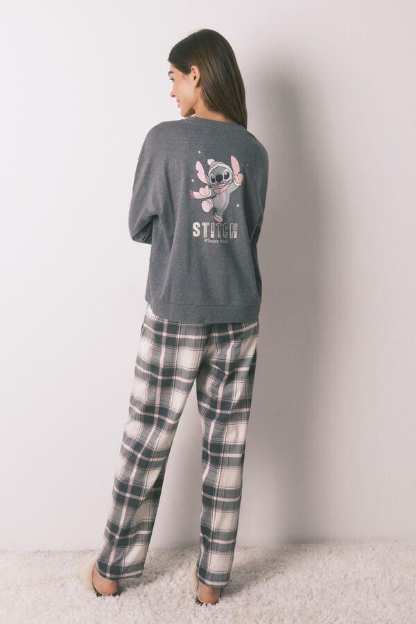 Women'secret Pijama largo 100% algod&oacute;n gris cuadros Stitch gris