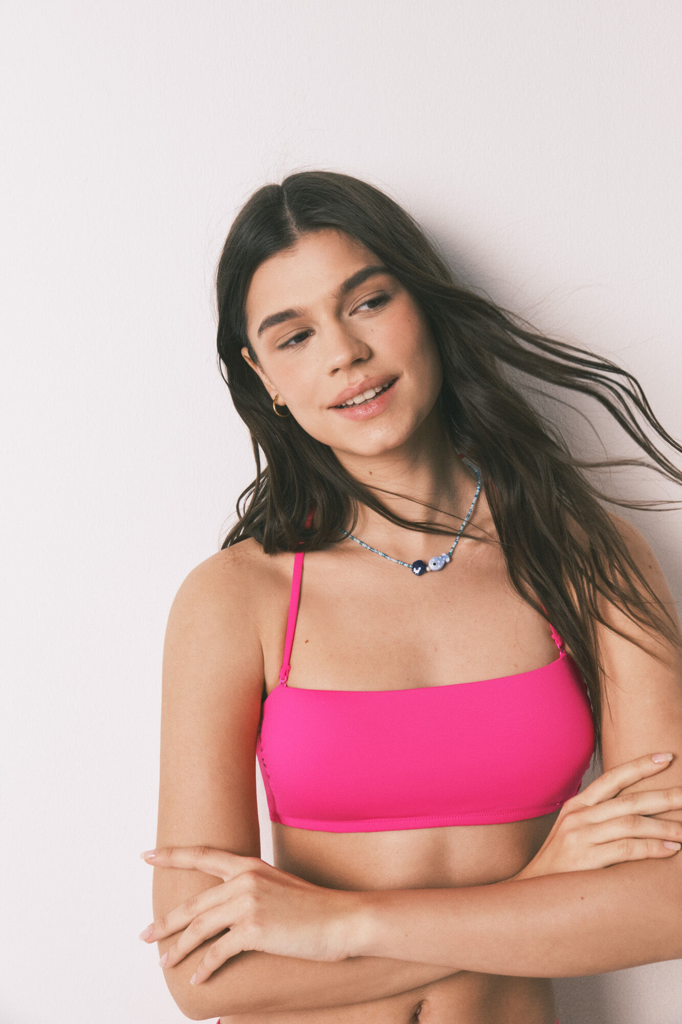 HI&BYE Top bikini bandeau liso rosa