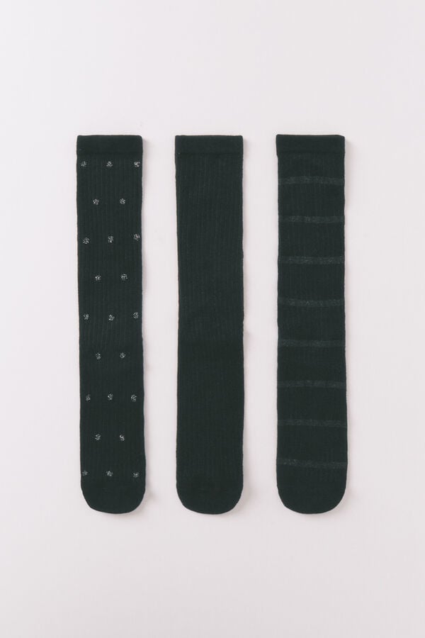 Women'secret Pack 3 calcetines largos algod&oacute;n negros brillo negro