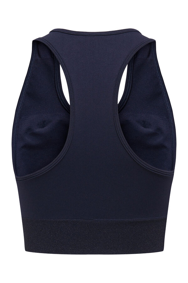 Only Play Sujetador deportivo sin costuras, color azul marino con efecto met&aacute;lico azul