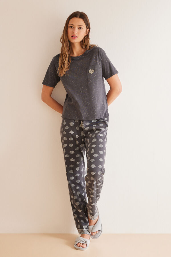 Women'secret Pijama largo 100% algod&oacute;n gris conchas gris