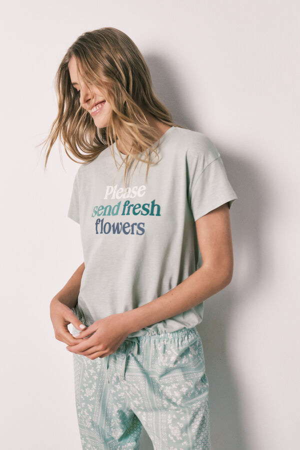 Women'secret Pijama comprido de manga curta em algod&atilde;o estampado bandana verde verde