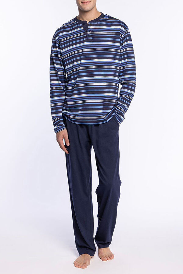 Punto Blanco Conjunto de pijama largo modal/algod&oacute;n con cuello tapeta Elegance azul