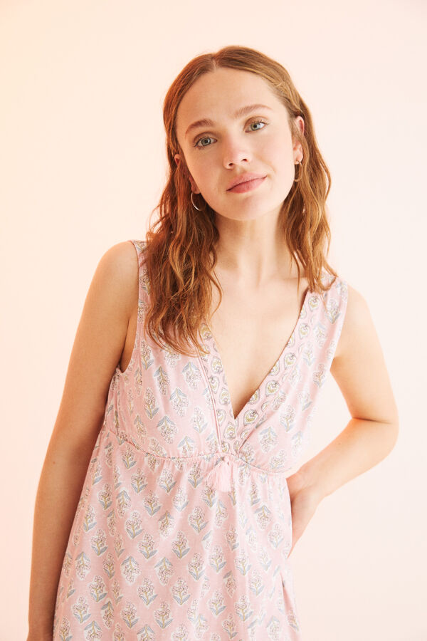 Womensecret Camisa de dormir curta 100% algodão alça larga bico rosa