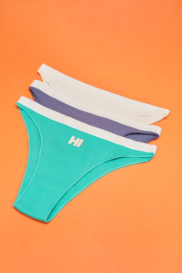HI&BYE Pack 3 bragas brasile&ntilde;as algod&oacute;n logo blanco, verde y azul estampado