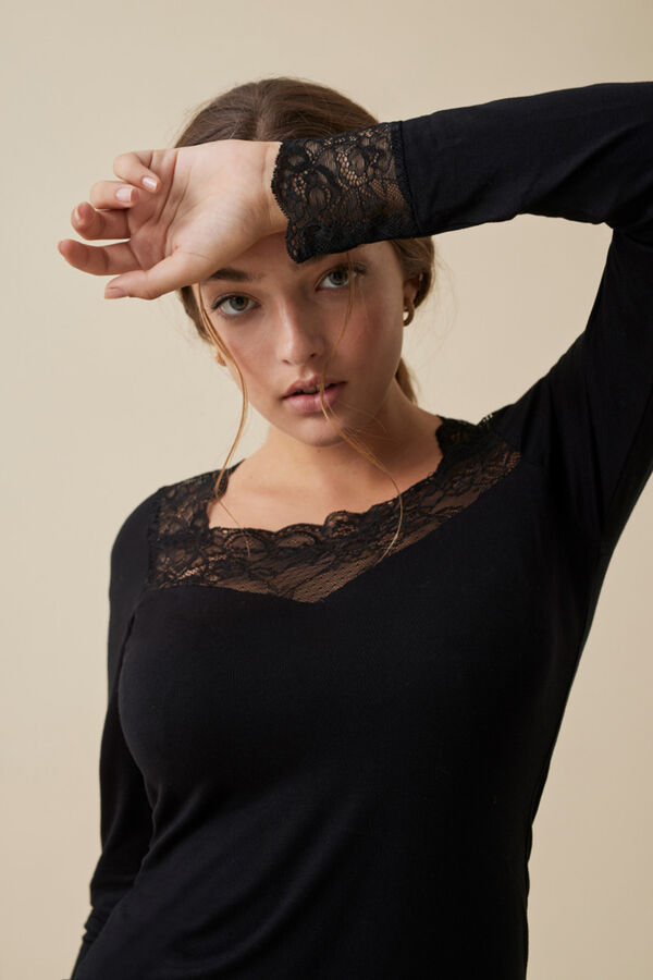 Promise T-shirt de manga comprida de modal e renda preto