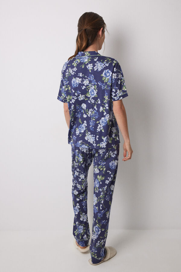 Women'secret Pijama largo camisero 100% algod&oacute;n azul flores estampado