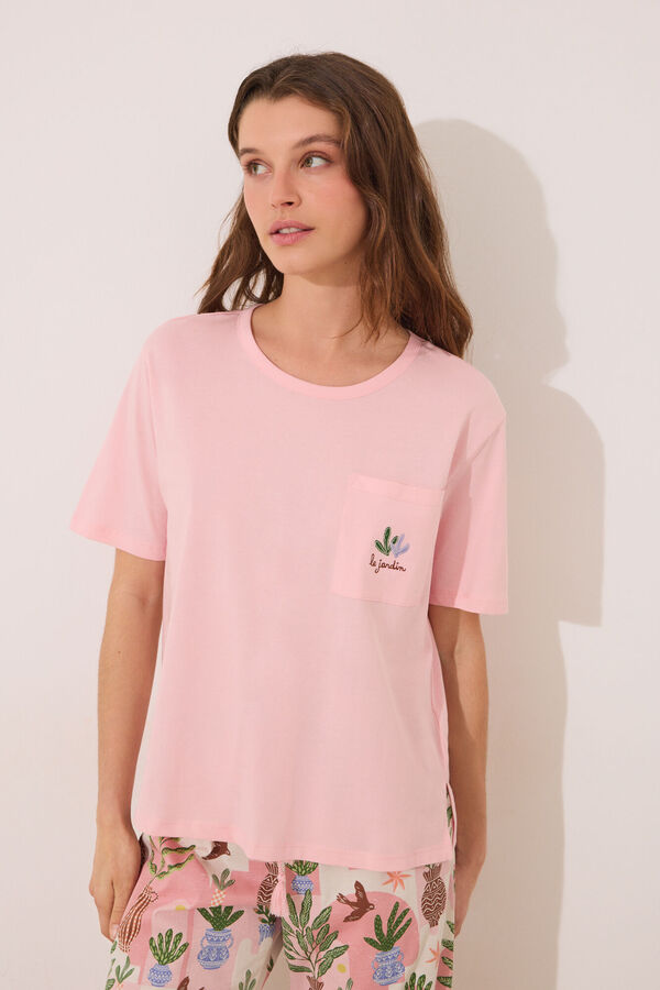 Women'secret Pijama Capri 100% algod&oacute;n rosa macetas rosa