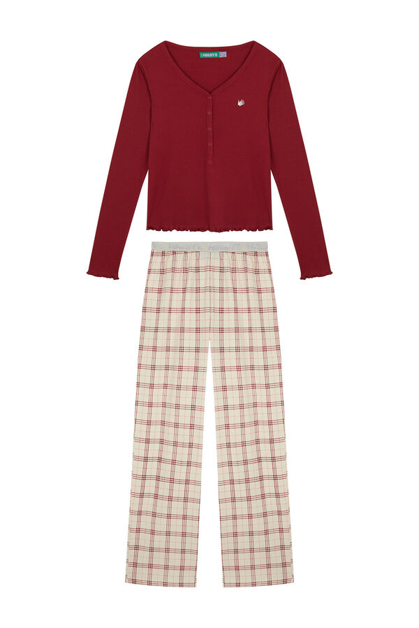 HI&BYE Pijama largo crudo cuadros rojo