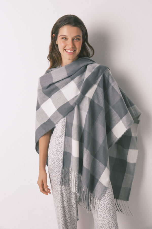 Women'secret Poncho estampado cuadros gris gris