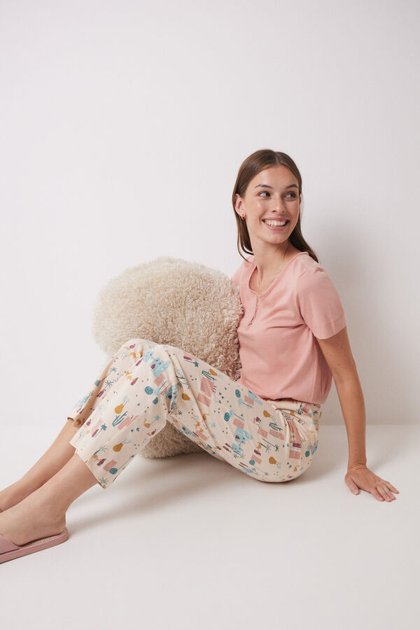 Women'secret Pantalón largo 100% algodón marfil estampado