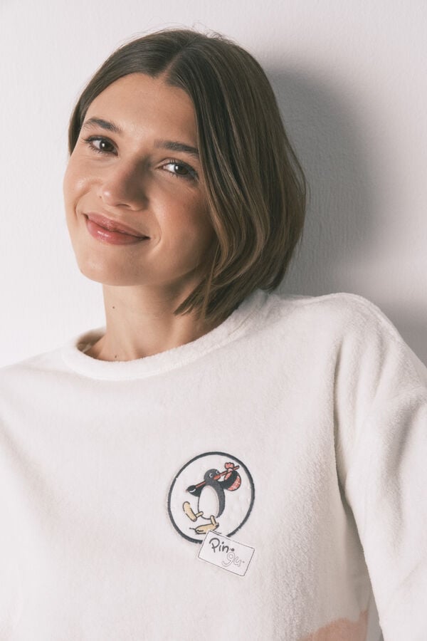 Women'secret Pijama largo polar suave estampado Pingu marfil