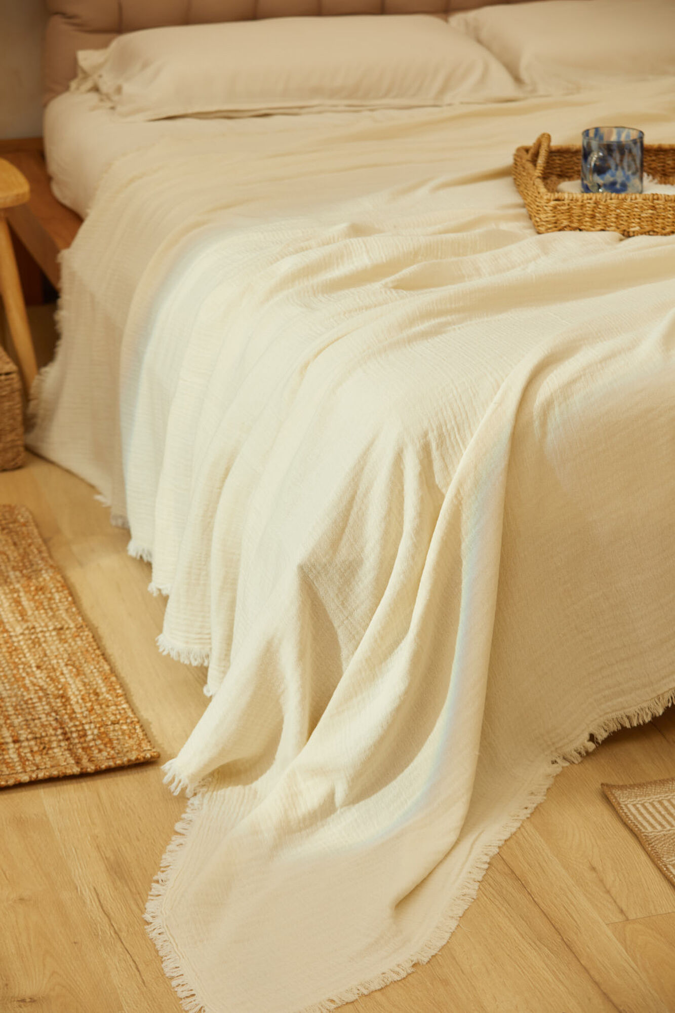Calma House Colcha de algod&oacute;n de muselina cruda Layer