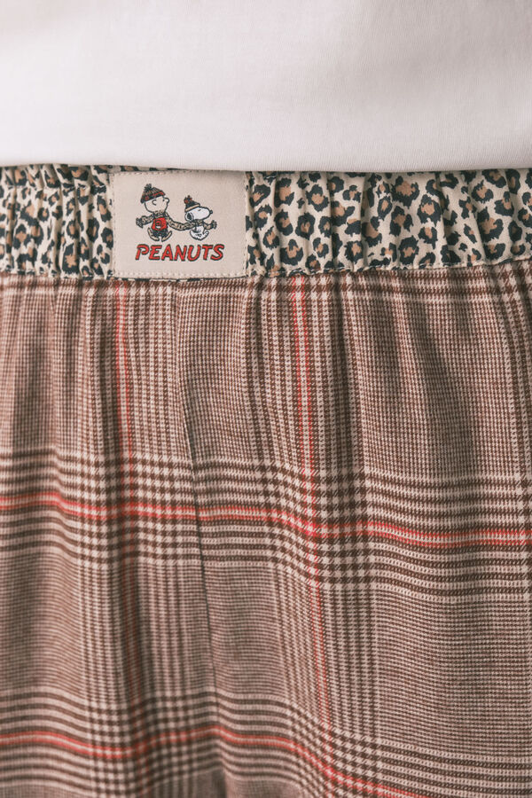 Women'secret Pijama longo 100% algod&atilde;o estampado xadrez Snoopy bege