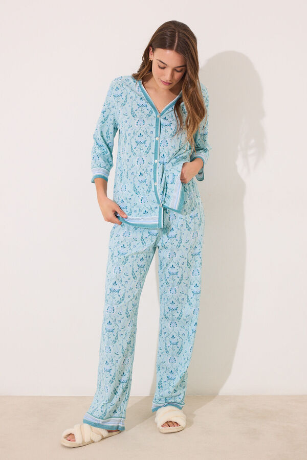 Women'secret Pijama largo 100% algod&oacute;n verde estampado flores verde