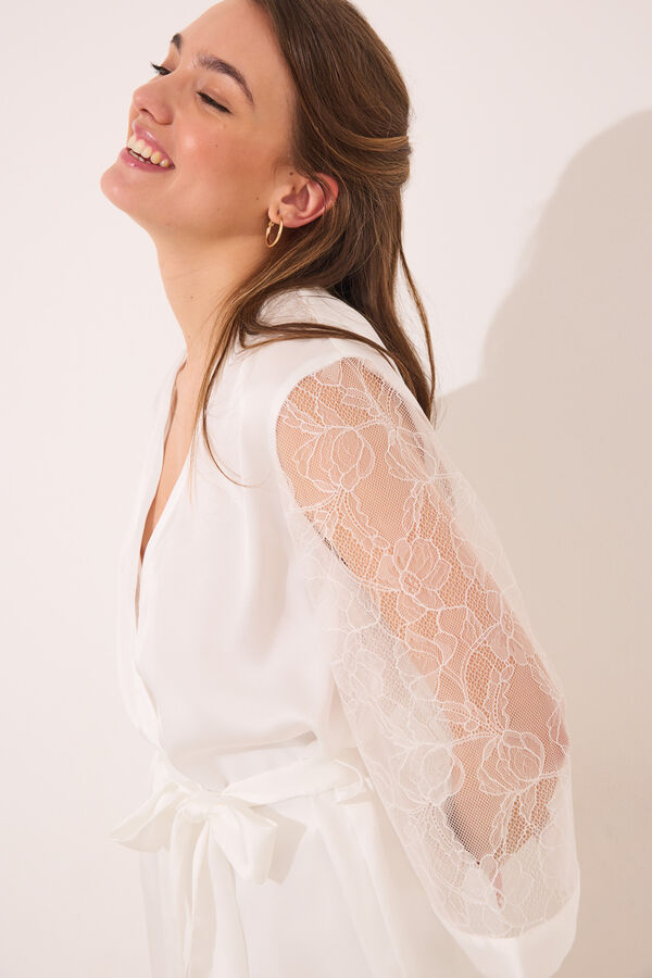 Women'secret Set pijama largo sat&eacute;n y encaje blanco marfil