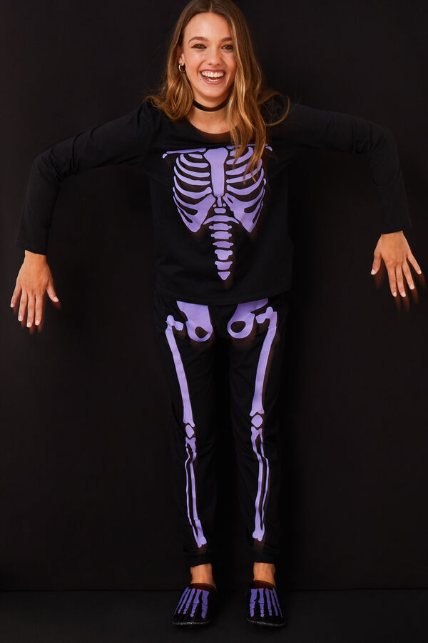 Women'secret Pijama 100% algod&oacute;n negro esqueleto negro