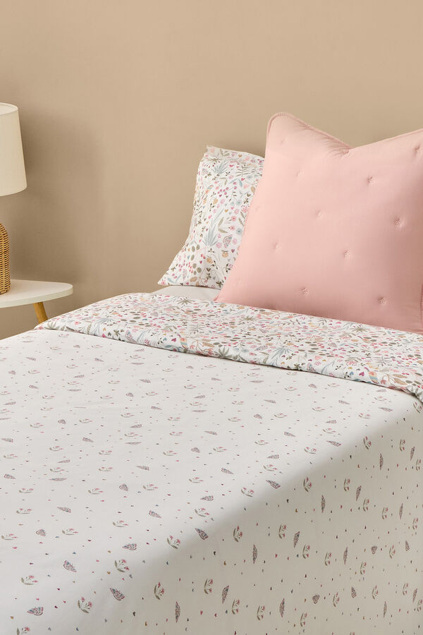 Textura Funda n&oacute;rdica algod&oacute;n flores y mariposas blanco