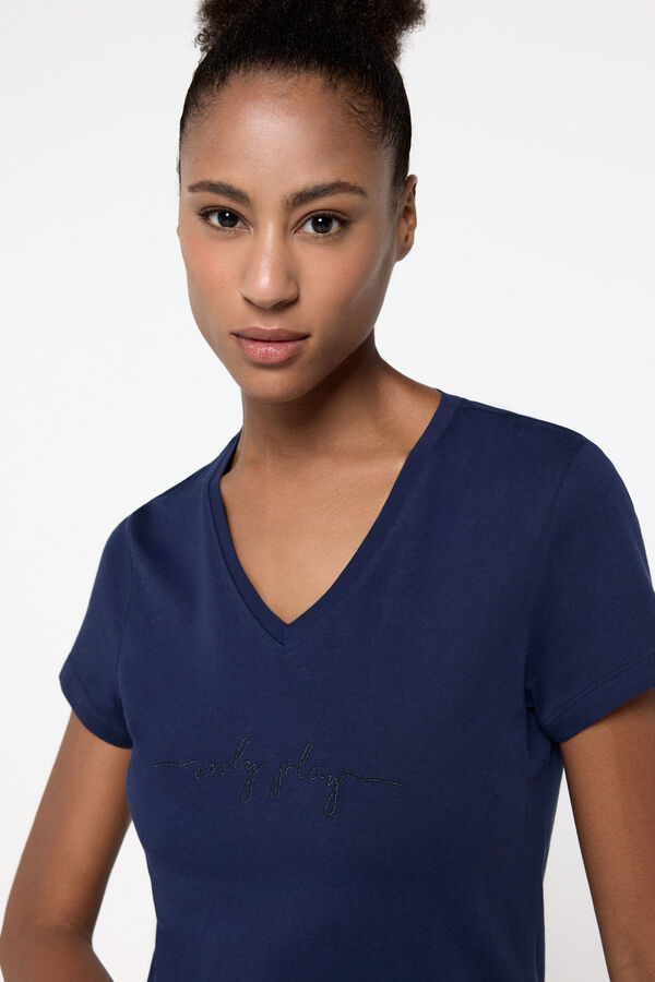 Only Play Camiseta de manga corta y de cuello V, con logo frontal azul