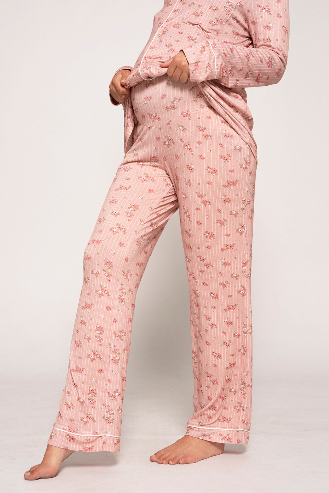 Ohma! Pijama camiseiro manga comprida com riscas e flores maternity