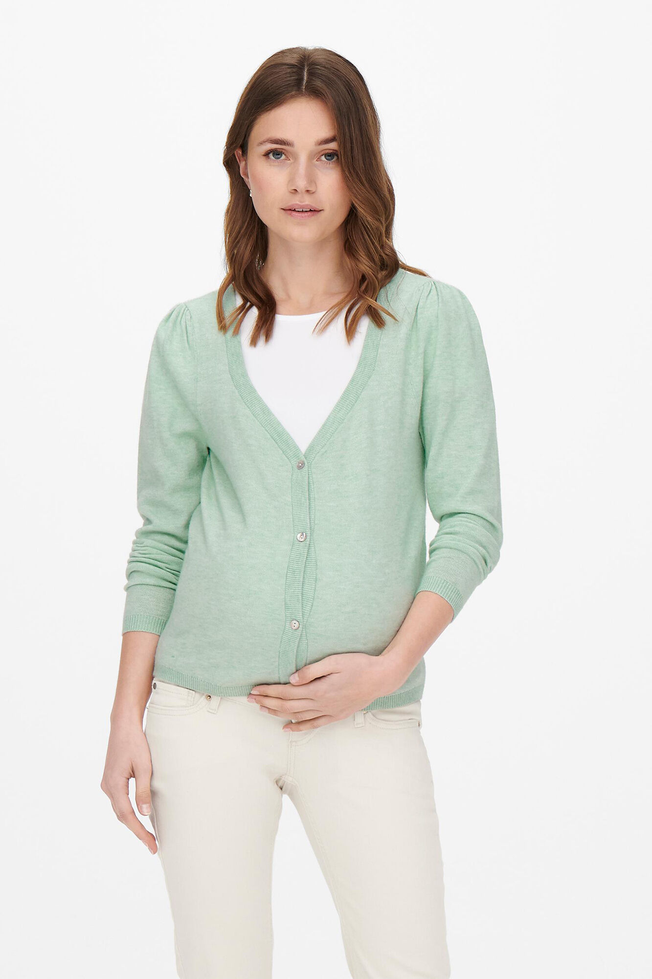 Only Maternity Chaqueta de punto premam&aacute; color verde claro.